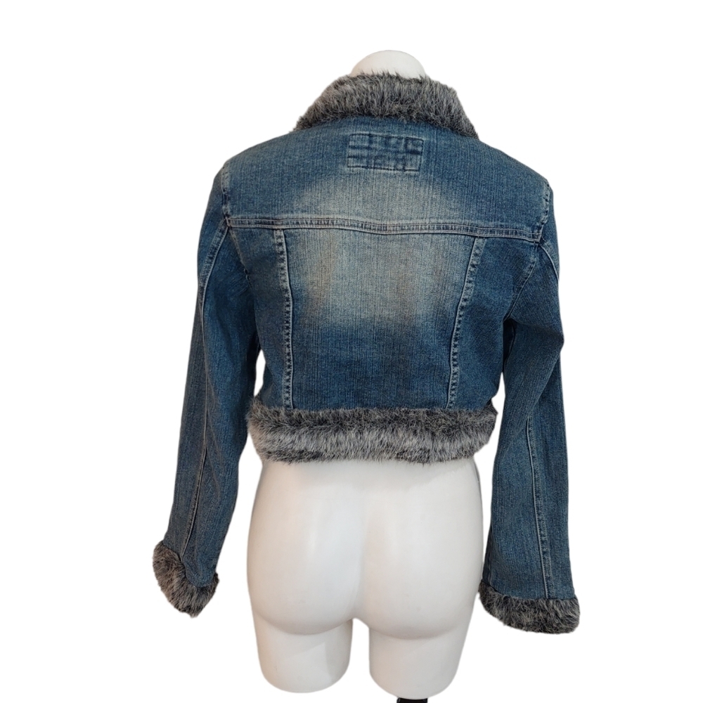 Americana Blues Denim Crop Jean Jacket Faux Fur Details Size L - Picture 3 of 9